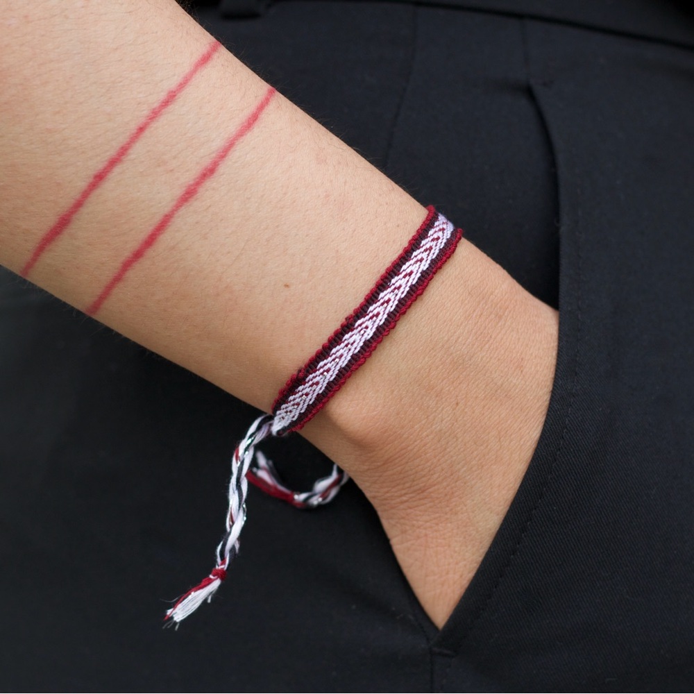 Boho Woven Bracelet, Dainty Bracelet, Maroon Red & White Woven Bracelet - Picture 3 of 3